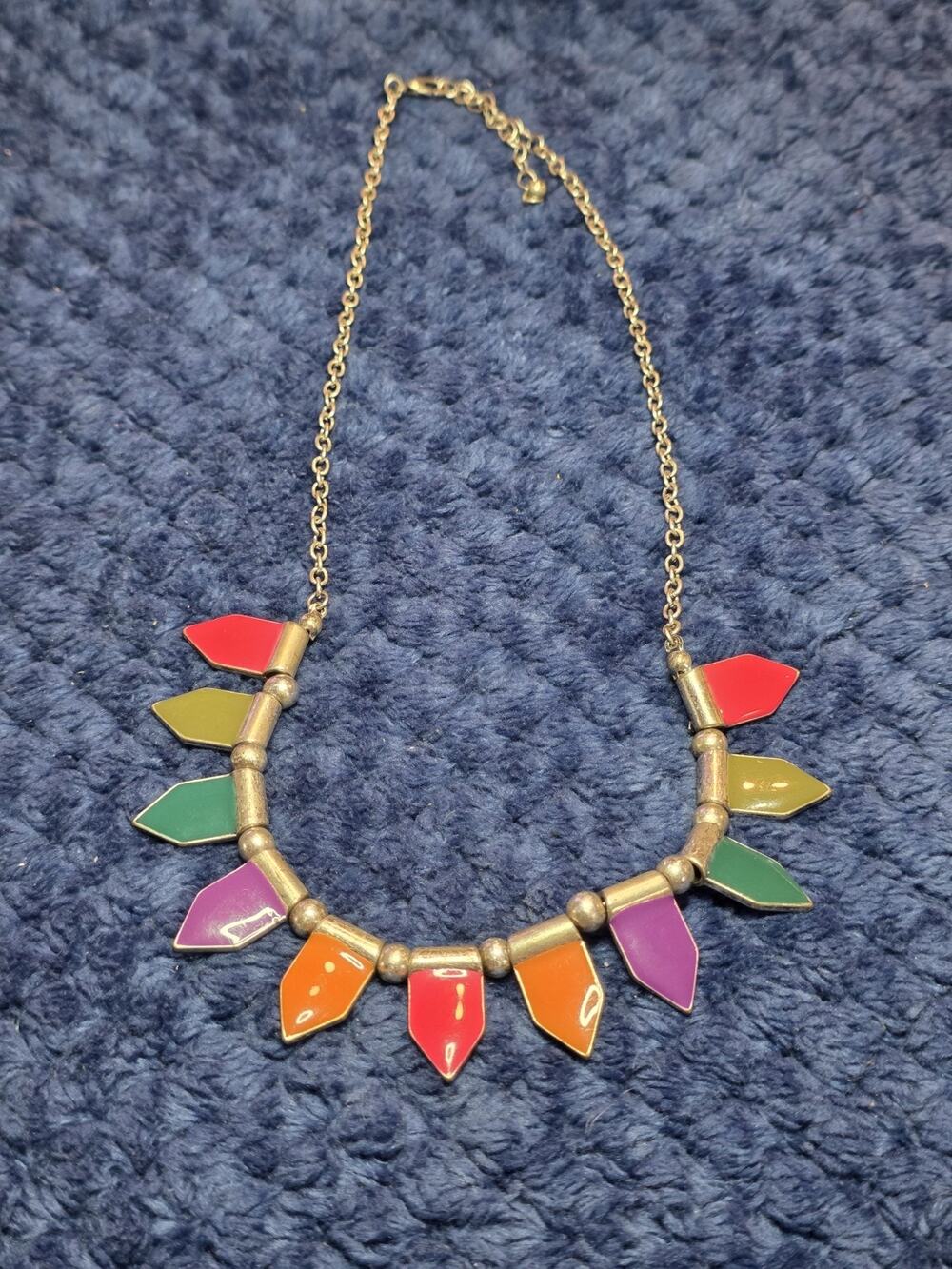 Vtg Antiqued Gold Tone Boho/Colorful Chevron Fringe Collar Statement Necklace